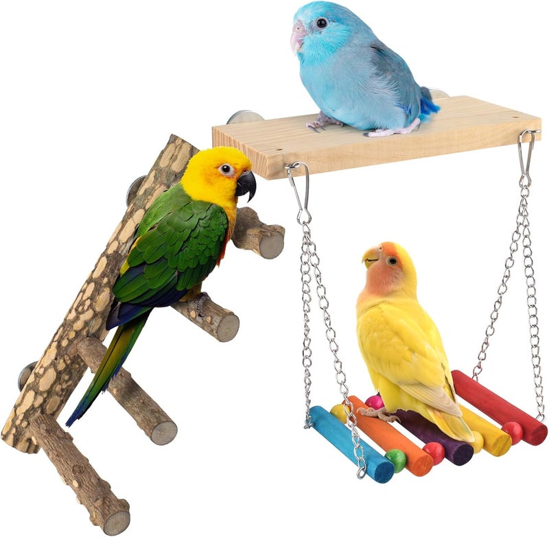 DBNESS 3in1 Bird Perch Toys for Parrots, Wooden Ladder Perch for Cage, Parrot Platform Stand Colourful Swing Hammock Climbing Bridge Exercise Cage Accessories for Budgies Cockatiels Lovebirds Hamster - Image 1